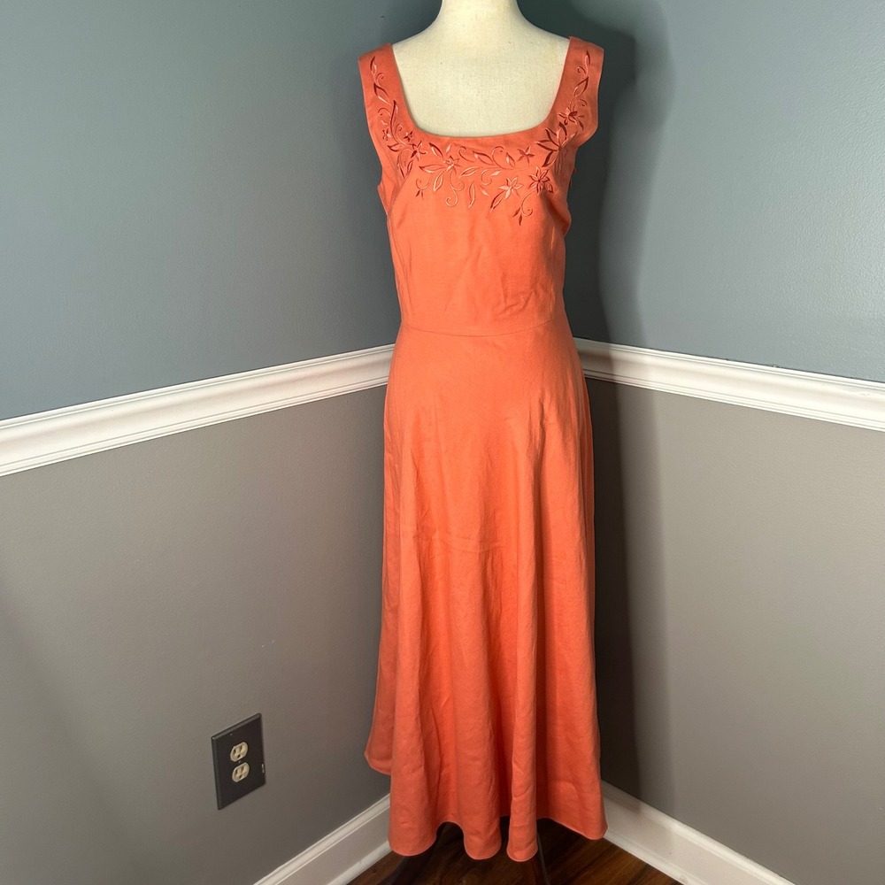Vintage Papell Boutique Coral Linen Blend Embroidered Maxi Dress Size 12 90s